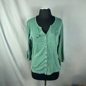 Great Northwest Indigo Utility Shirt Womens Medium Green Cotton Roll Tab Sleeve